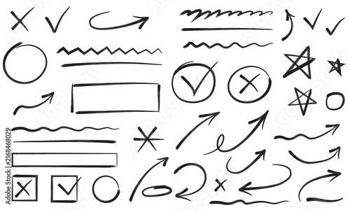 Hand Drawn Arrow, Check Mark, Underline and Doodle Elements Collection. Arrow line mark underline check brush doodle sketch highlight. Vector Illustration