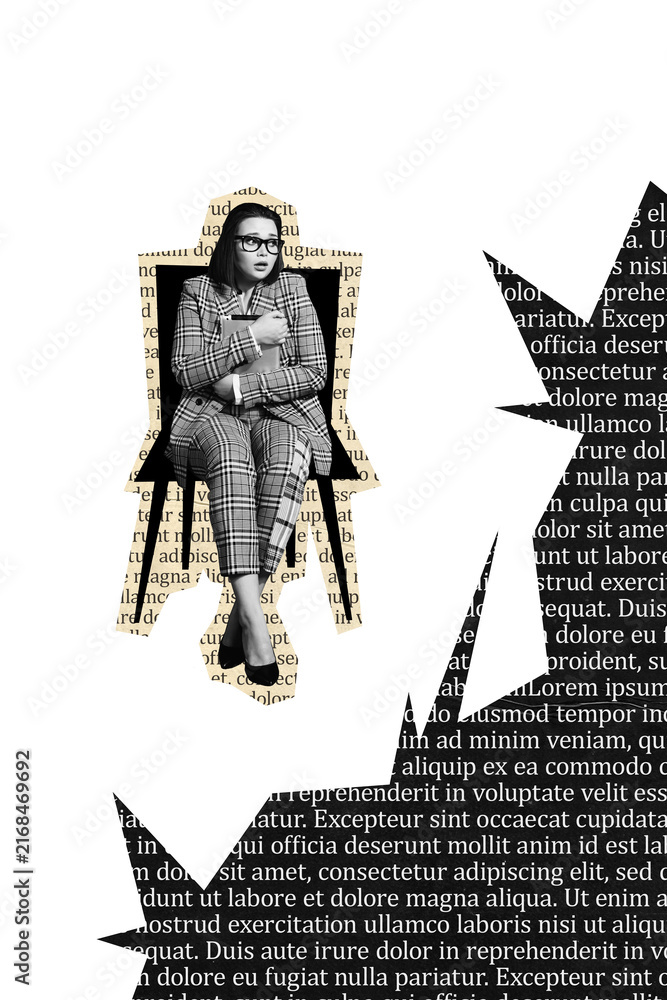 Obraz premium Composite trend artwork 3D sketch photo collage of silhouette text book page fragment young scared woman hold tablet sit chair melancholy