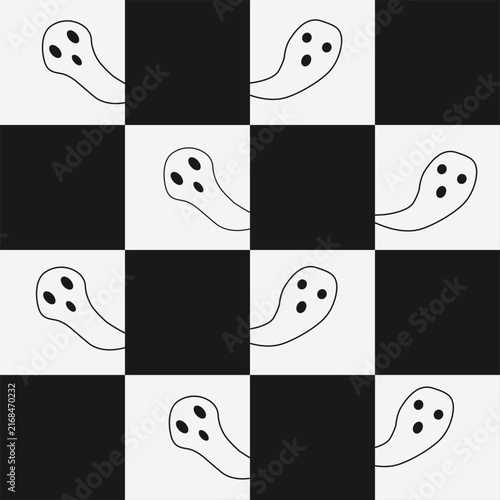 Checkered Ghosts hiding on Black and white checkerboards seamless pattern. For Halloween backgrounds, cards and decorations