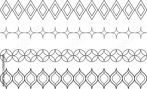 Set of Horizontal borders featuring outline retro mid century modern circles, diamonds, ogee and stars in black over transparent background. For dividers, decorations and banners