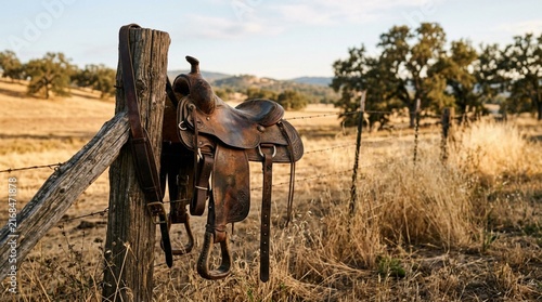 Rustic weathered leather horse saddle hanging by strap on wooden fence post in dry countryside ranch setting with oak trees and rolling hills