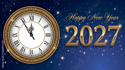 Golden clock face displaying nearly midnight and the year 2027 illustration timepiece