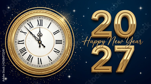 Golden clock face with roman numerals and celebratory new year numbers on