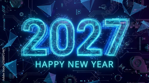 Glowing numeric digits forming 2027 with circuit board pattern on dark blue