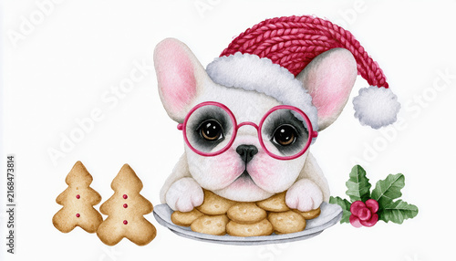 French bulldog puppy Christmas hat glasses cookies holly berry festive winter holiday celebration adorable pet