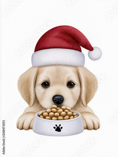 Cute puppy wearing red Santa hat with bowl of food, festive pet illustration with adorable expression and soft fur texture