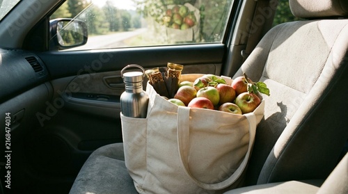 Canvas tote bag with fresh red and green apples, granola bars, and stainless steel water bottle resting on beige cloth car passenger seat, sunny countryside orchard visible through window, healthy