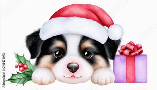 Christmas puppy with Santa hat and gift box, cute dog with holly leaves and berries, festive holiday illustration with happy expression