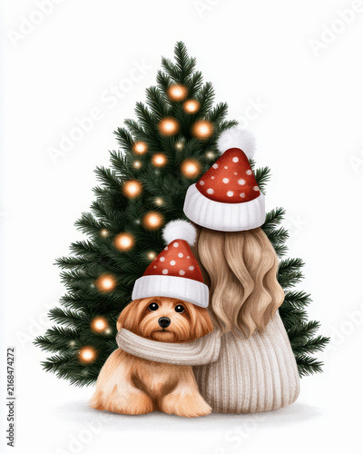 Girl dog Christmas tree lights red hat sweater winter holiday celebration cute pet love