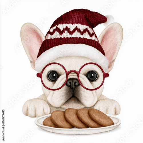 Cute dog wearing red glasses and knitted hat looks at cookies on plate with cheerful expression