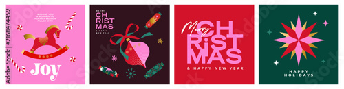 Modern Christmas card collection with bold typography, geometric ornaments and festive illustrations. Ideal for branding, packaging, posters, greeting cards and social media, print.
