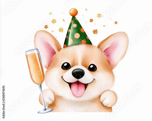 Happy Corgi dog wearing party hat holding champagne glass celebrating with golden stars around