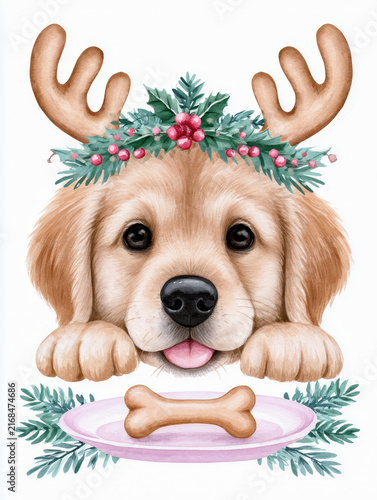 Cute golden retriever puppy with reindeer antlers and festive holly wreath, looking at bone on plate with joyful expression