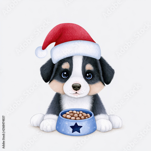 Cute puppy with blue eyes wearing red Santa hat lying near blue bowl with food, festive and adorable Christmas pet illustration