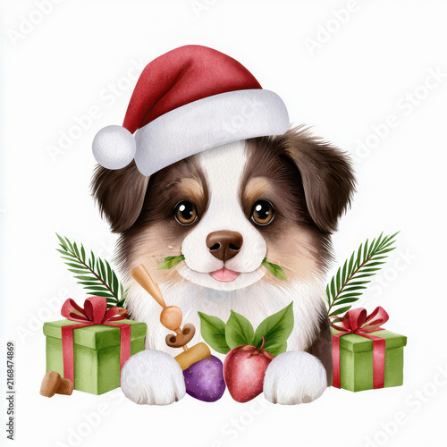 Cute puppy with Christmas hat holding leaves in mouth, surrounded by gift boxes, fruit, and festive decorations, joyful holiday scene