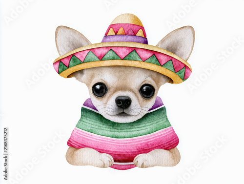Cute chihuahua dog wearing colorful traditional Mexican hat and poncho, hand drawn watercolor illustration with joyful expression