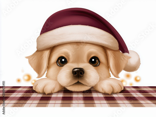 Cute dog with big eyes wearing red Christmas hat lying on plaid tablecloth with warm glowing lights in background