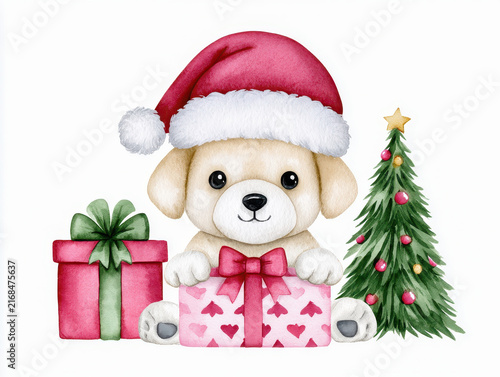 Cute dog with gifts and Christmas tree wearing Santa hat, festive holiday illustration with heart patterned present and decorations