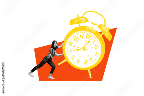 Canvastavla Composite photo collage of happy girl push alarm clock regime early morning bell