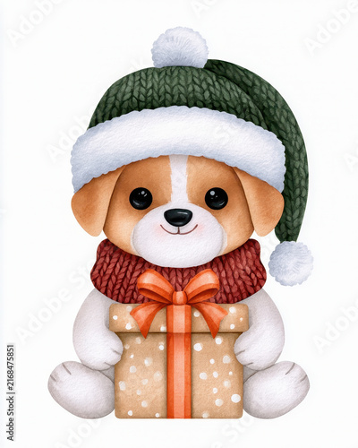 Cute dog with gift box wearing green winter hat and red scarf, festive holiday illustration with warm and joyful expression
