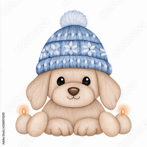 Cute puppy with blue winter hat and candles, cozy and warm hand drawn illustration with soft texture and gentle expression