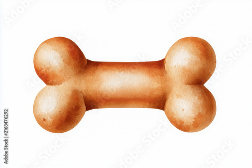 Dog bone illustration, hand drawn watercolor style, isolated on white background, natural brown color, pet food concept, textured artistic design