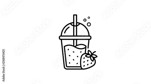 Strawberry smoothie in clear plastic cup with straw vector icon on clean white flat background