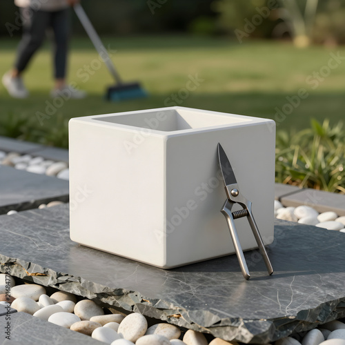 Still-life of a sculptural planter and gardening shears on a stone pathway.
