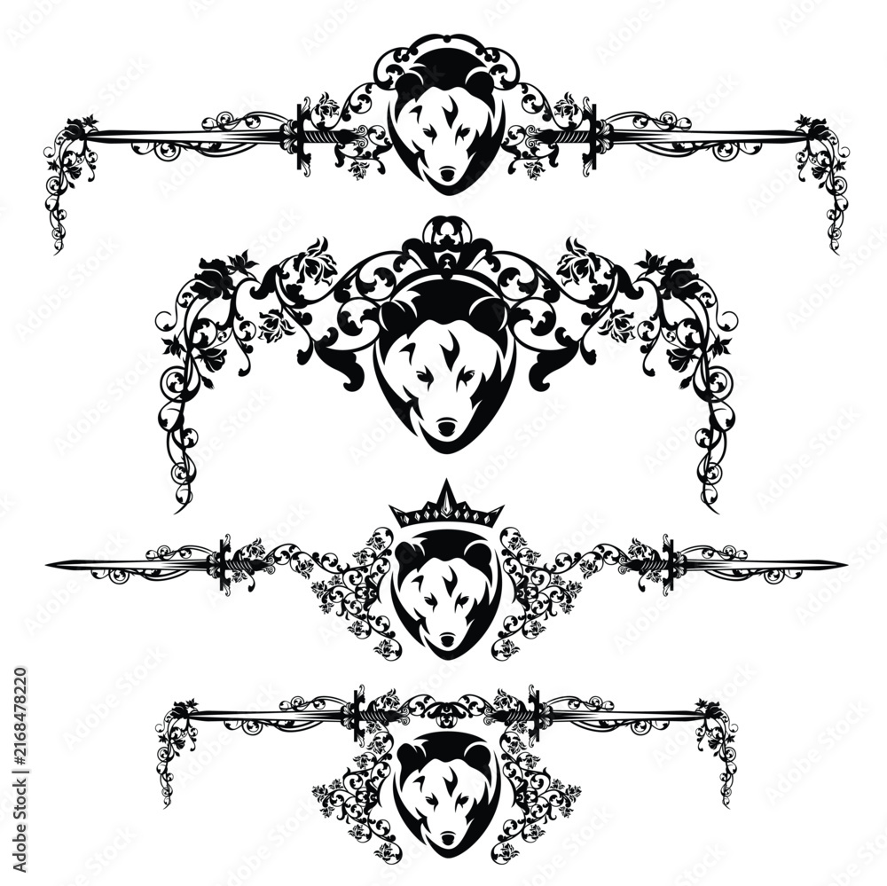 Naklejka premium fantasy medieval style grizzly bear head, king crown, swords and rose flowers black and white vector calligraphic page border decor for fairy tale royal design