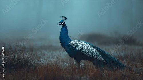 A majestic peacock stands in misty tall grass, showcasing iridescent blue and green feathers