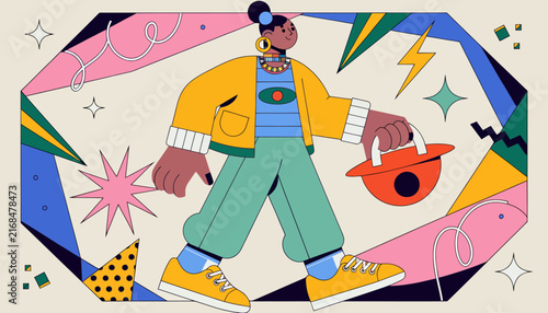 Trendy Black Woman Walking Confidently with Abstract Geometric Shapes and Sparkles - Vibrant Illustration