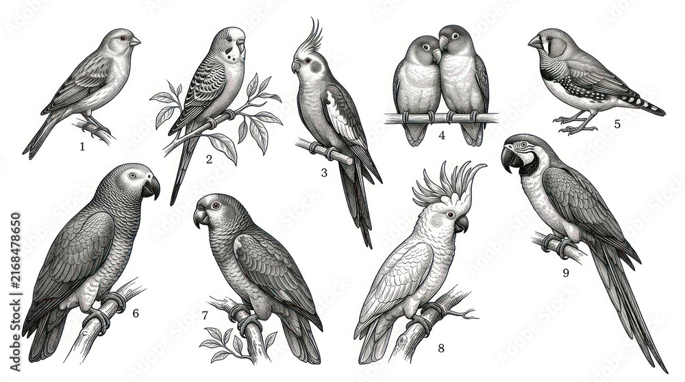 Fototapeta premium Dynamic Black and White of Nine Distinct Bird Species Perched on Branches and Leaves with high quality professional line art symbols for modern creative design and digital branding projects