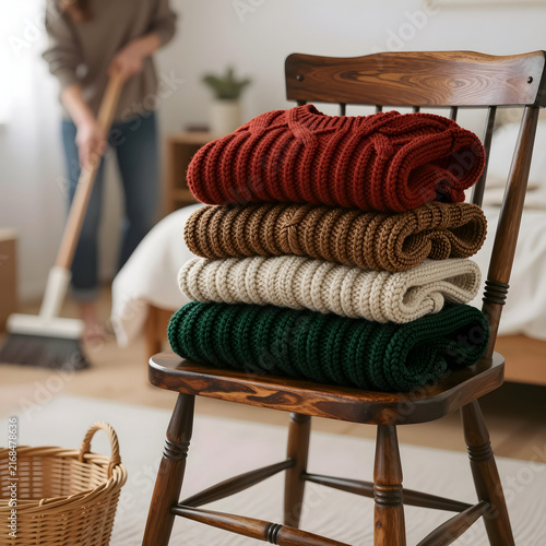 Still-life of folded chunky knit sweaters resting on a wooden chair.
