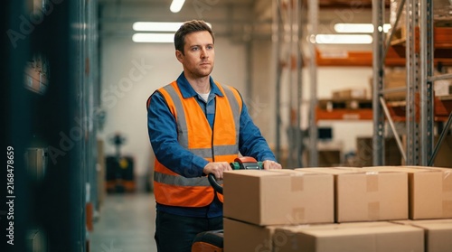 A worker in an orange vest pushes a hand truck loaded with boxes in a warehouse. The setting shows shelves with more boxes