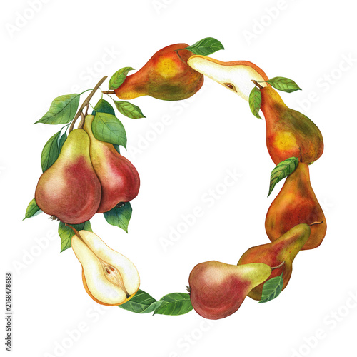 A wreath with pears, a watercolor illustration for packaging, design, tableware, invitations, textiles