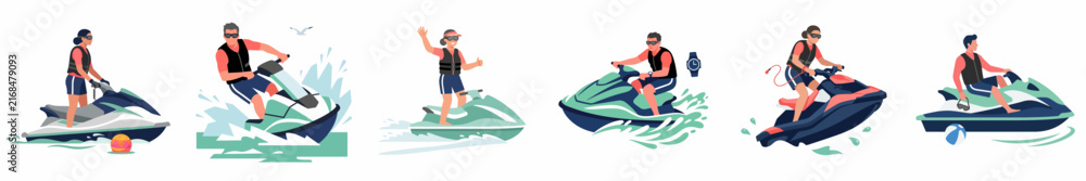 Naklejka premium Flat vector illustrations set of people riding jet skis on the water, featuring summer fun and extreme water sports activities on a white background.