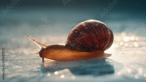 A close-up of a snail crawling across a shimmering surface under a bright light