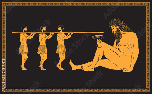 Vector illustration of Odysseus and his crew blinding Cyclops