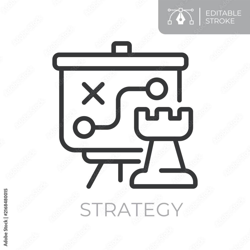 Naklejka premium Strategy line icon. Editable stroke outline symbol of presentation board with chess knight and tactical plan for business, planning, decision makin and project management. Flat vector illustration.