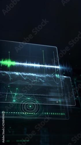 Digital audio waveform interface visualizes sound analysis. AI signal processing concept with copy space