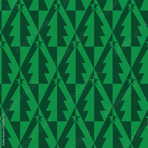 Geometric Minimalist Christmas Tree seamless pattern on diamond shapes in bright green and emerald green. For Christmas backgrounds, wrapping paper and decorations