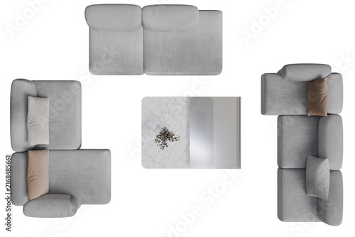 overhead view of a contemporary living room furniture set, featuring three distinct light grey modular sofas and a sleek rectangular coffee table