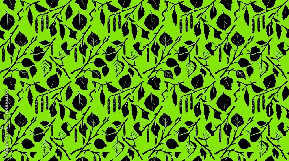 Black birch branch silhouettes on lime green seamless pattern