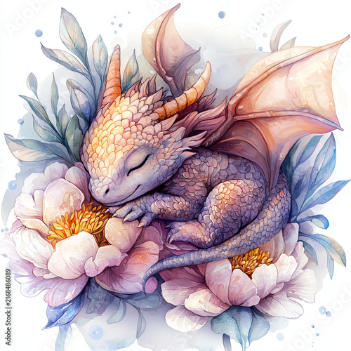 Cute Dragon Sleeping Among Vibrant Flowers in Pastel Colors