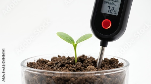 Small green seedling growing in soil in a glass pot with a digital moisture meter isolated on white background