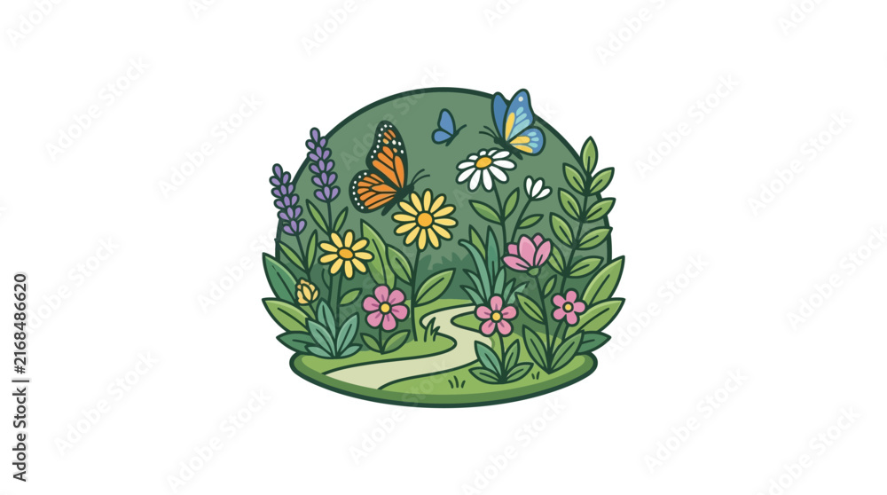 Fototapeta premium Colorful Butterfly and Flowers in Garden Scene.