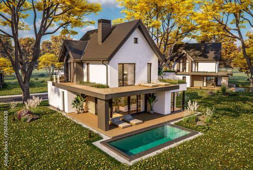 Фотография 3d rendering of contemporary architectural luxury house exterior