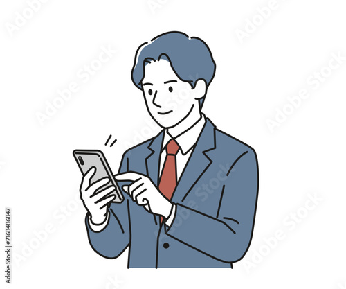 スマートフォンを画面タップして操作・検索する男性ビジネスパーソン（スマホ・アプリ・仕事）