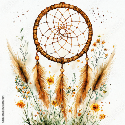 Dreamcatcher with Feathers and Wildflowers in Watercolor Style