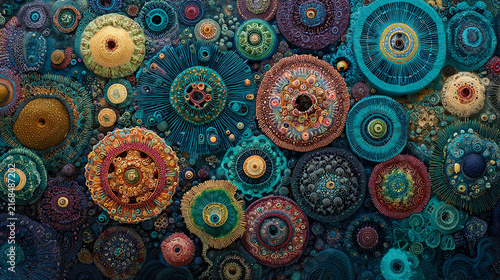Abstract underwater coral reef texture with intricate circular patterns and vibrant aquatic colors